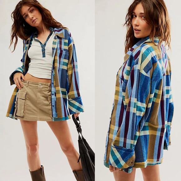 Free People Tops - NEW Free People We The Free So Long Summer Plaid Top Blue Tan Small Shacket